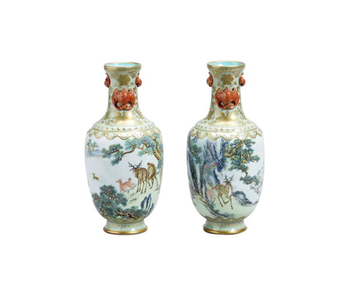 Pair of Vases with Deer and Pine Scenery