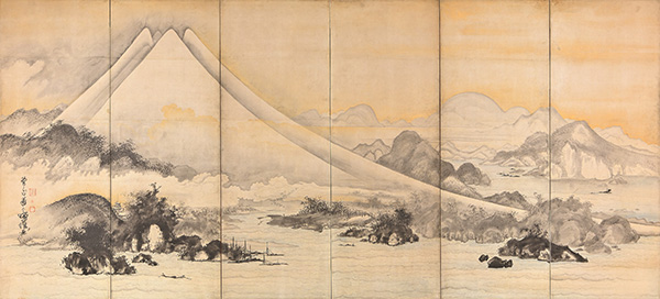 후지산과 미호 그림 병풍(왼쪽 병풍)　소가 쇼하쿠 작　MIHO MUSEUM 소장　(전기간 전시)