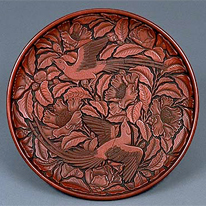 Carved Cinnabar Lacquer Tray with Camellia and Magpie Designs, Important Cultural Property, Korin-in Temple