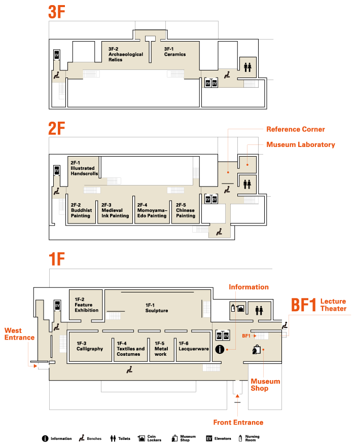 Heisei Chishinkan Wing Floor Plan. 3F-1 Ceramics, 3F-2 Archaeological Relics, 2F-1 Illustrated Handscrolls, 2F-2 Buddhist Paintings, 2F-3 Medieval Paintings, 2F-4 Momoyama-Edo Paintings, 2F-5 Chinese Paintings, 1F-1 Sculpture, 1F-2  Feature Exhibition, 1F-3 Calligraphy, 1F-4 Textiles and Costumes, 1F-5 Metalwork, 1F-6 Lacquerware