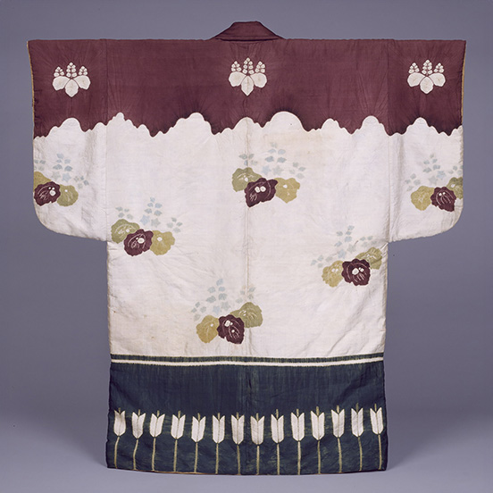 Dobuku Coat with Tsujigahana Designs of Paulowinas, Arrows and Sliding Doors
