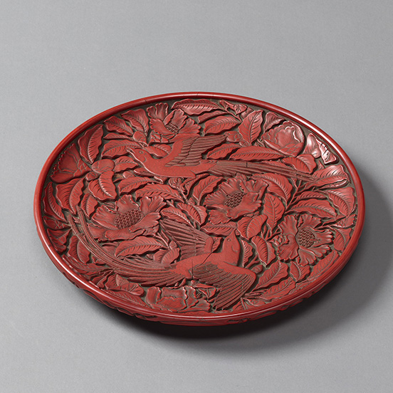 Carved Cinnabar Lacquer Tray with Camellia and Magpie Designs