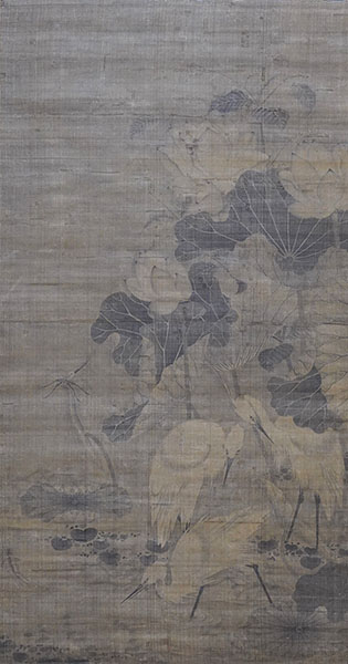 Important Cultural Property. Egrets in a Lotus Pond (Right Scroll). Kyoto National Museum