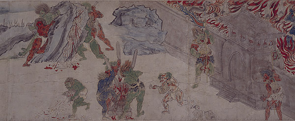 Important Cultural Property. Illustrated Merits of the Mantra of Light. One of three handscrolls. Myōō-in Temple, Shiga