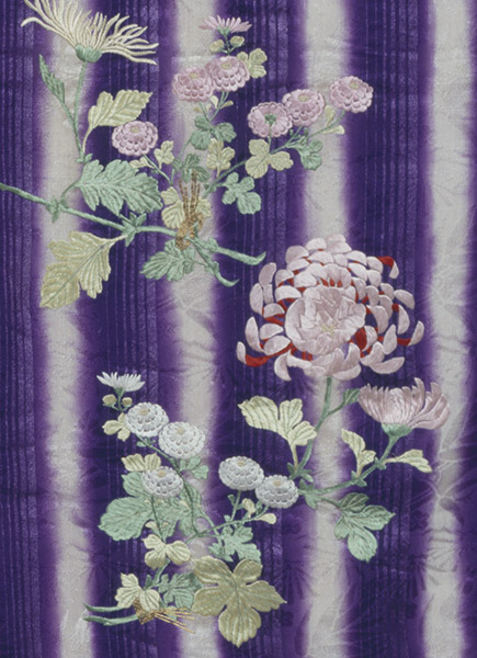 Furisode (Long-Sleeved Kimono) with Stripes and Chrysanthemum Sprigs. Kyoto National Museum