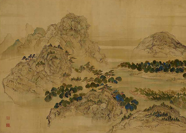 Important Cultural Property. Dongting Lake and the Red Cliffs. By Ike no Taiga. Kyoto National Museum