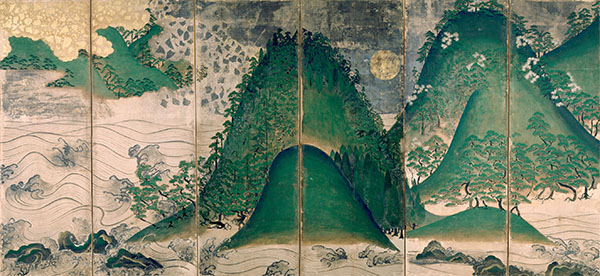 국보　해·달·사계절 산수 그림 병풍 (오른쪽 폭)  오사카 아마노산 곤고지 절 소장　(전기간 전시)