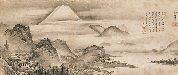 Mount Fuji, Miho no Matsubara, and Seiken-ji Temple. Attributed to Sesshū Tōyō, inscription by Zhan Zhonghe. Eisei Bunko Museum, Tokyo