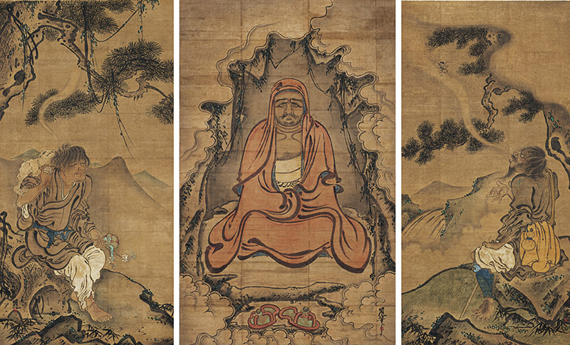 Important Cultural Property. Bodhidharma, Liu Haichen, and Li Tieguai. By Kissan Minchō. Tōfuku-ji Temple, Kyoto. [on view: November 7–December 3, 2023]