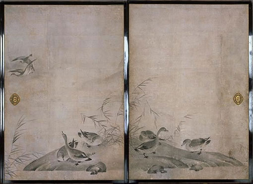 Important Cultural Property Reeds and Geese (detail) Attributed to Oguri Sokei, Muromachi Period, dated 1490 Six sliding-door panals, ink on paper, 169.5 x 116.0 cm each (Kyoto National Museum)