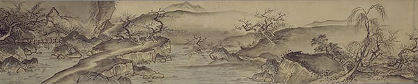 Important Cultural Property Landscapes of the Four Seasons (detail) Attributed to Sesshu, Muromachi Period, late 15th Century Handscroll, ink and light color on paper 21.5 x 1151.5 cm (Kyoto National Museum)