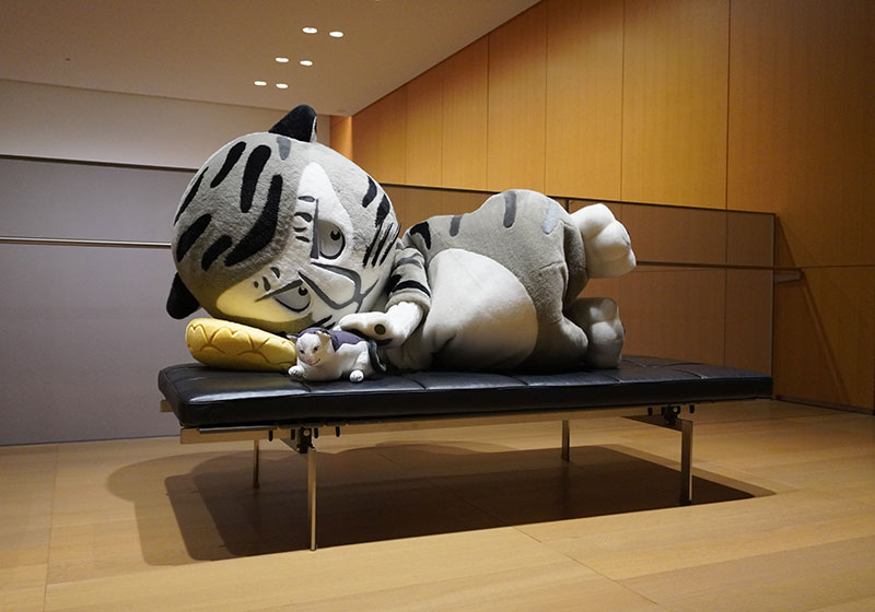 蓮台クッションを枕に横になっているトラりん。ハチワレネコぬいぐるみをかたわらに