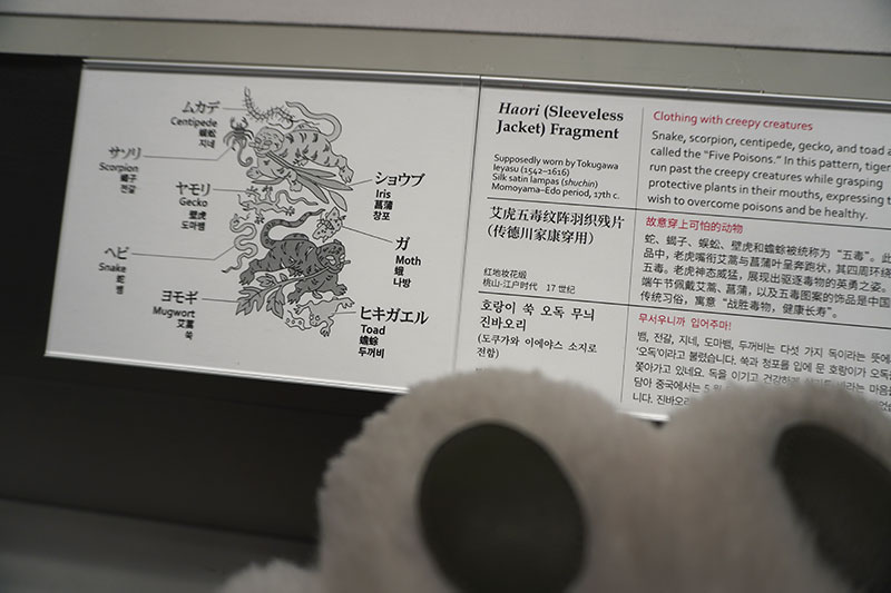 「虎艾に五毒文様陣羽織裂」の題箋を指さすトラりん