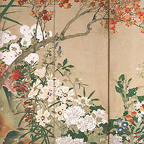 Important Art Object. Flowering Trees of the Four Seasons (Left Screen). By Watanabe Shikō. Hatakeyama Memorial Museum of Fine Art [on view: October 9–November 7, 2021]