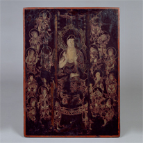 Black lacquered footed sutra chest with sutra boxes with lotus pond and their inner lid with sakyamuni buddha and his sixteen protectors in red lacquer and Makie, (Important Cultural Property, Nanatsu-dera Temple)