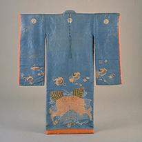 Furisode (Long-Sleeved Kimono) with Decorative Sea Breams and Treasures on Light Blue Ground Kyoto National Museum(Gift of Ms. Tamura Shizuko)