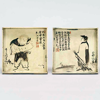 Square dishes with the Chinese monk poet Hanshan (Kanzan) and shide (Jittoku) Painting by Ogata Kōrin, ceramic by Ogata Kenzan, Important Cultural Property (Kyoto National Museum)
